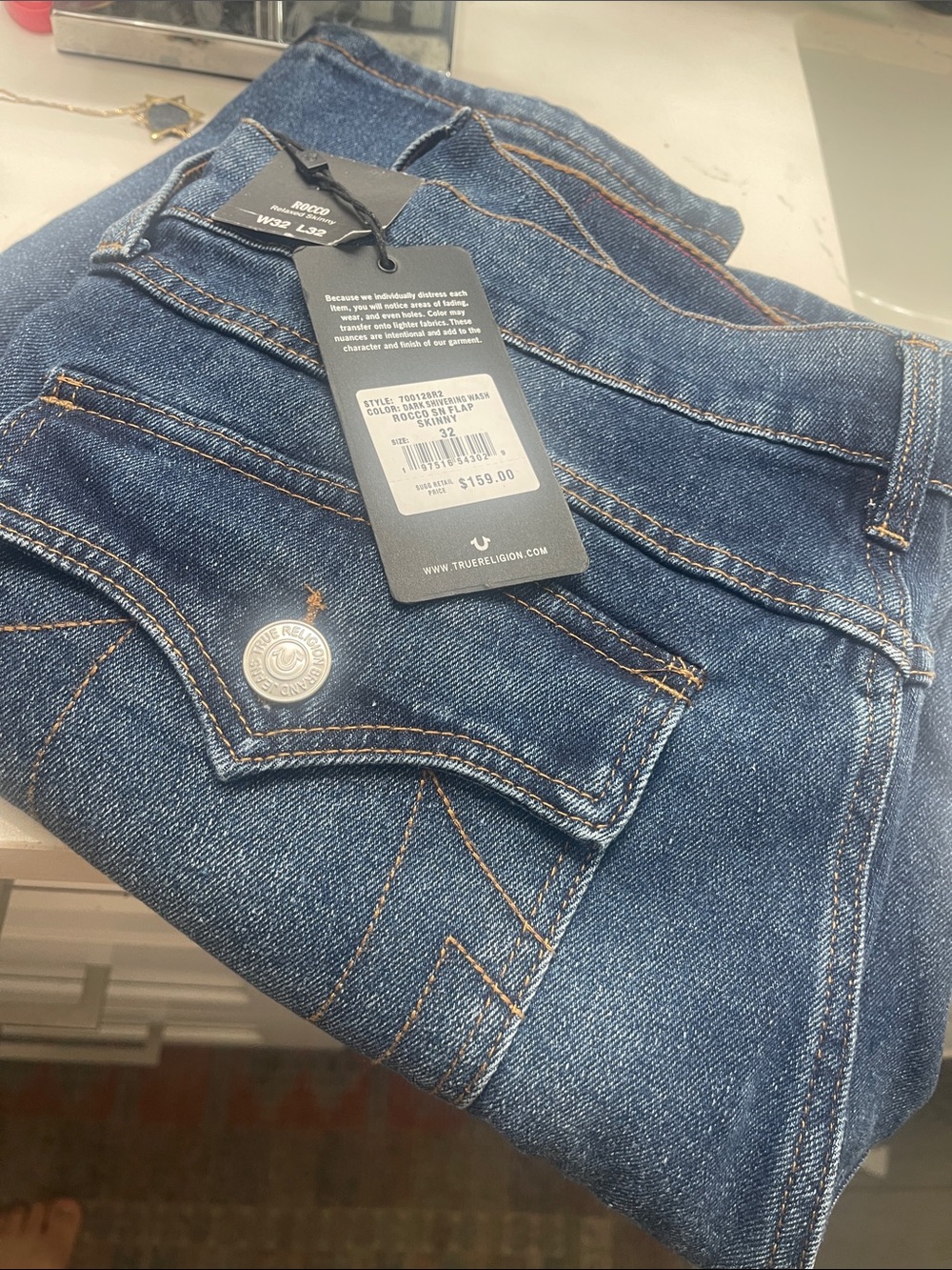 True Religion Straight Leg Jeans in Mid Blue Wash